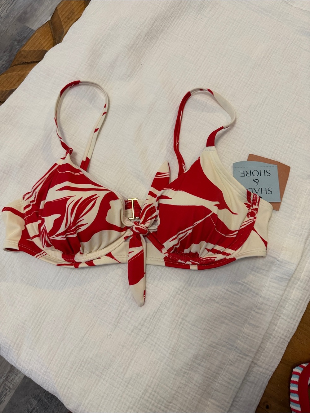 Shade & Shore Red and Cream Knot-Front Bikini Top